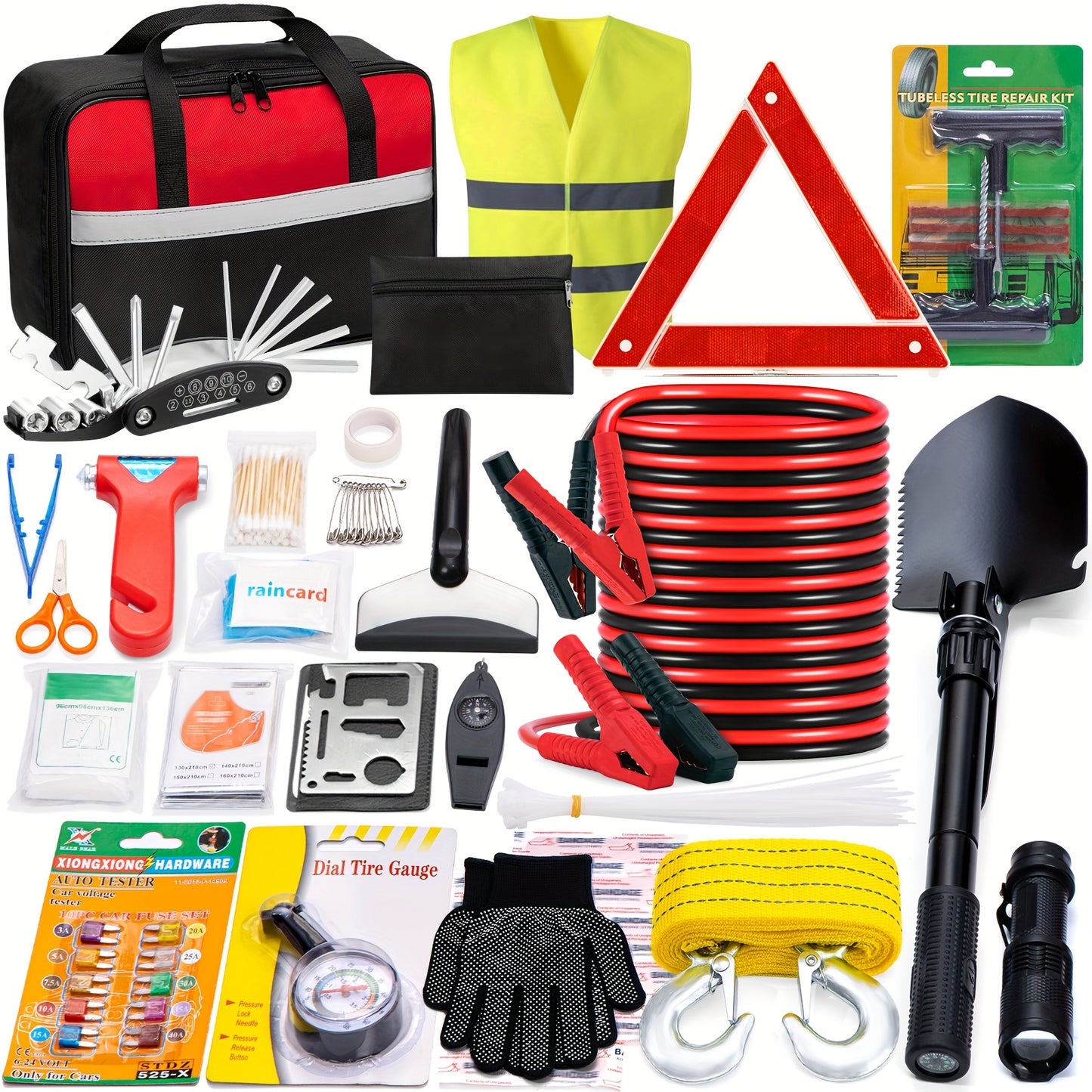 [Holiday Gift] FCLUSLL Car Safety Roadside Kit, Including Car Emergency Jumper, Towing Rope And Multifunctional Shovel, Car Emergency Kit, Holiday Gift for Family And Friends