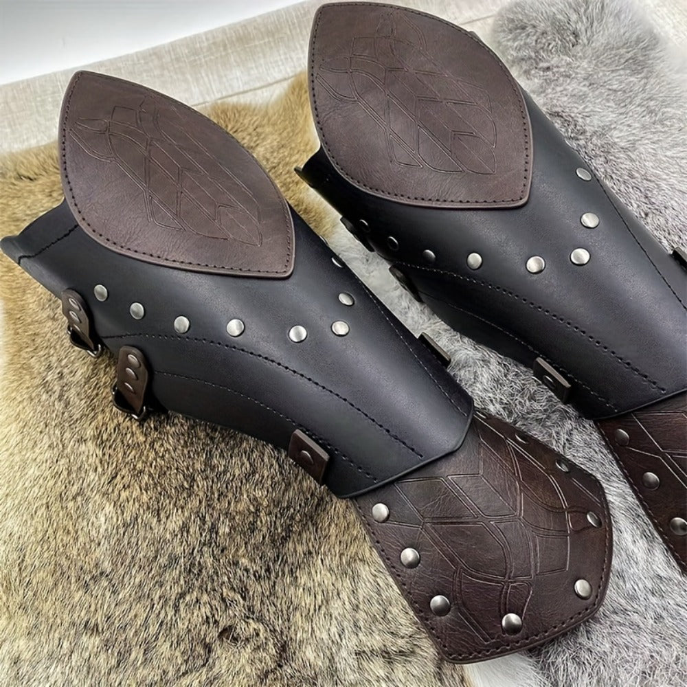 Elf Arm Guards 2pcs Medieval Embossed Faux Leather Fantasy Buckle Armor – Halloween Knight Gloves LARP Cosplay Renaissance Faire Role Play Costume Prop, Black