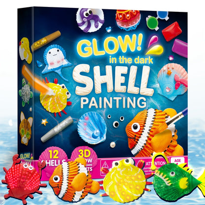 Glow in the Dark Seashell Painting Kit for Kids – 12 Real Sea Shells with Non-Toxic Acrylic Paints & Brushes, Ocean STEM Arts and Crafts for Boys Girls Ages 6-12