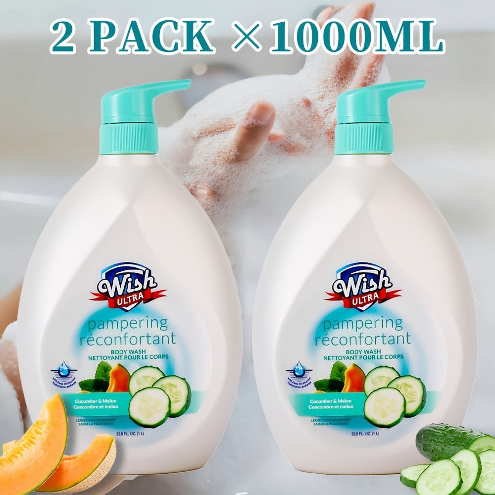 Moisturizing Body Wash 2-Pack 33.8 fl oz Each — Deep Cleansing Shower Gel for Women & Men, Long-Lasting Scent, Hydrating Formula, All Skin Types, Cucumber, Milky, Mango & Peach Fragrances
