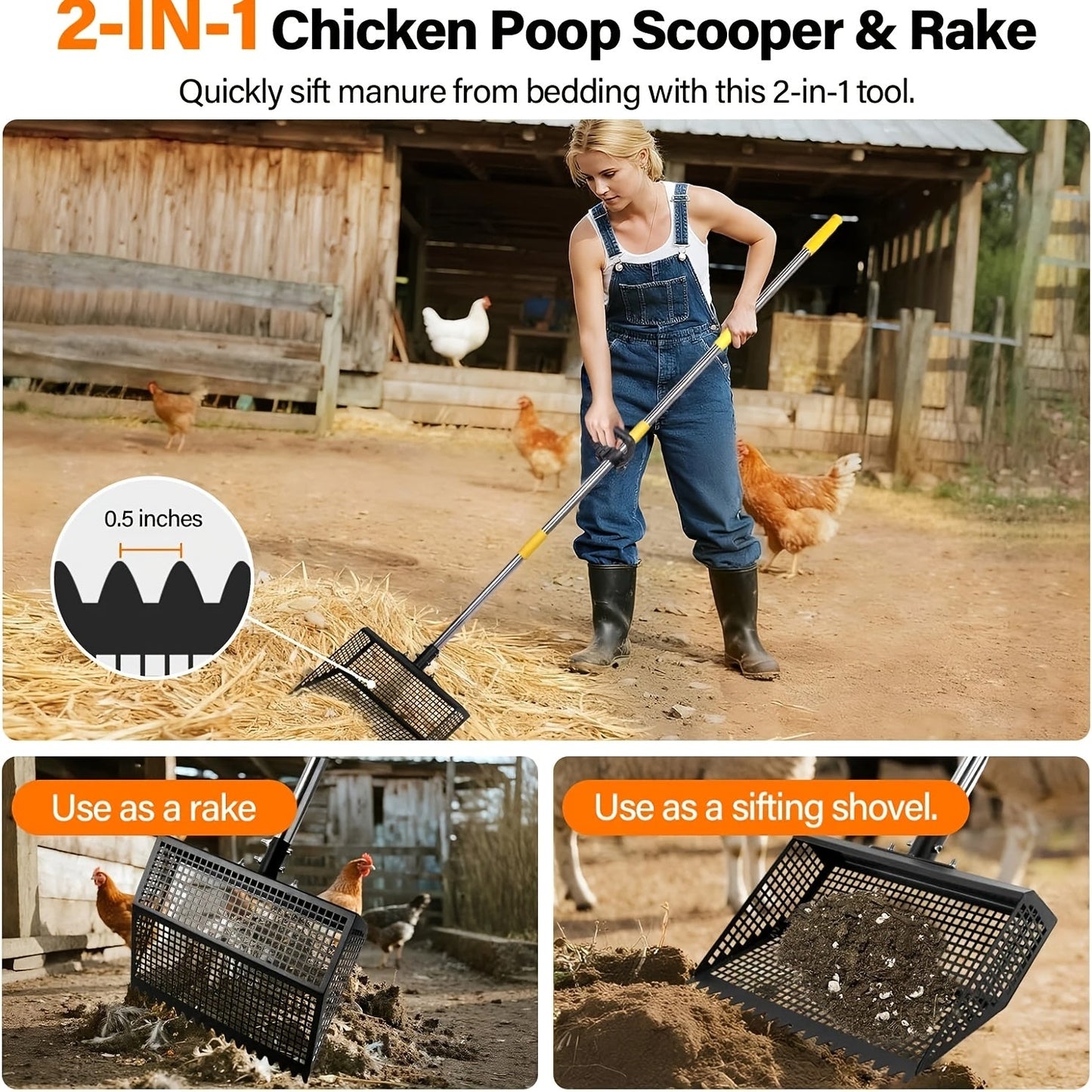 Cat Litter Scooper 2-in-1 Heavy Duty Rake with Adjustable 26–76" Stainless Steel Handle, Shatterproof Sand Sifting Shovel for Litter Box, Chicken Coop, Horse Stable & Barn Stall Cleaning, 13 Inch