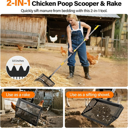 Cat Litter Scooper 2-in-1 Heavy Duty Rake with Adjustable 26–76" Stainless Steel Handle, Shatterproof Sand Sifting Shovel for Litter Box, Chicken Coop, Horse Stable & Barn Stall Cleaning, 13 Inch