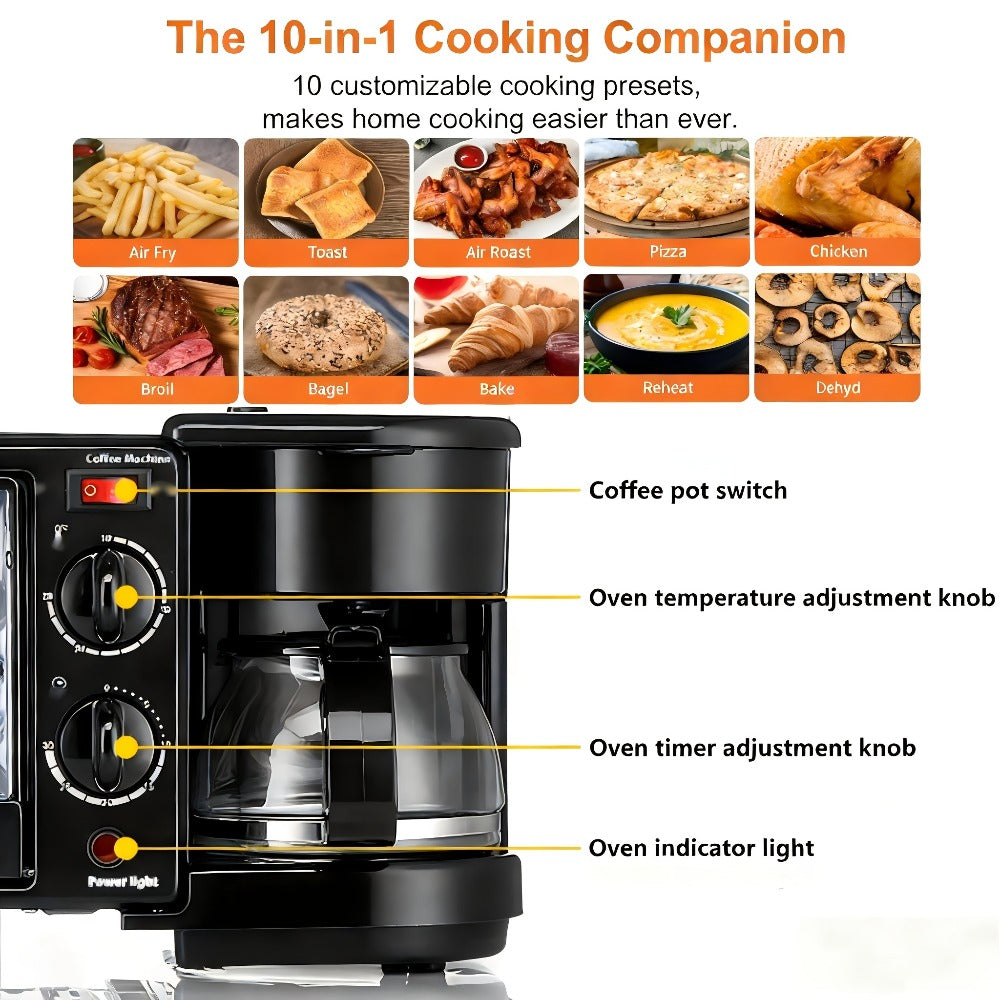 3-in-1 Breakfast Maker Station – Fry Eggs, Toast Bread & Brew Coffee All at Once, Non-Stick Coating, Auto Power-Off Safety Timer, One-Click Operation for Fast Morning Meals