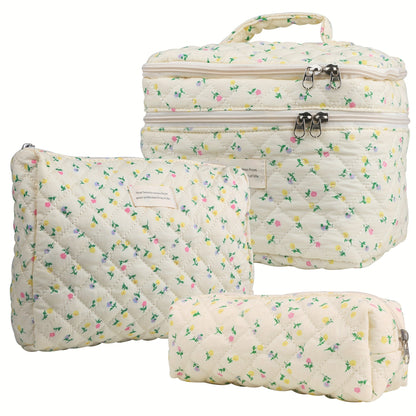 Makeup Bag Set 3 PCS Quilted Cotton Dual Layer Large Capacity Floral Coquette Aesthetic Travel Cosmetic Bag Women Toiletry Organizer Cute Soft Fabric Pouch Blue Pink Purple 6 Styles