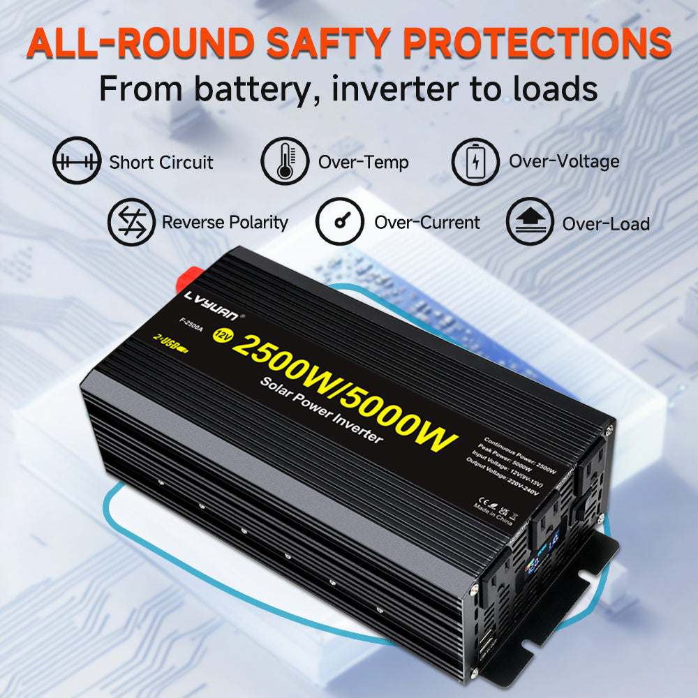 2500W Power Inverter 5000W (Peak) 12V to 110V DC to AC with LCD Display, Remote Controller 4 x AC Outlets and 4 x 3.1A USB Car Adapter for Car Truck Boat RV Solar System
