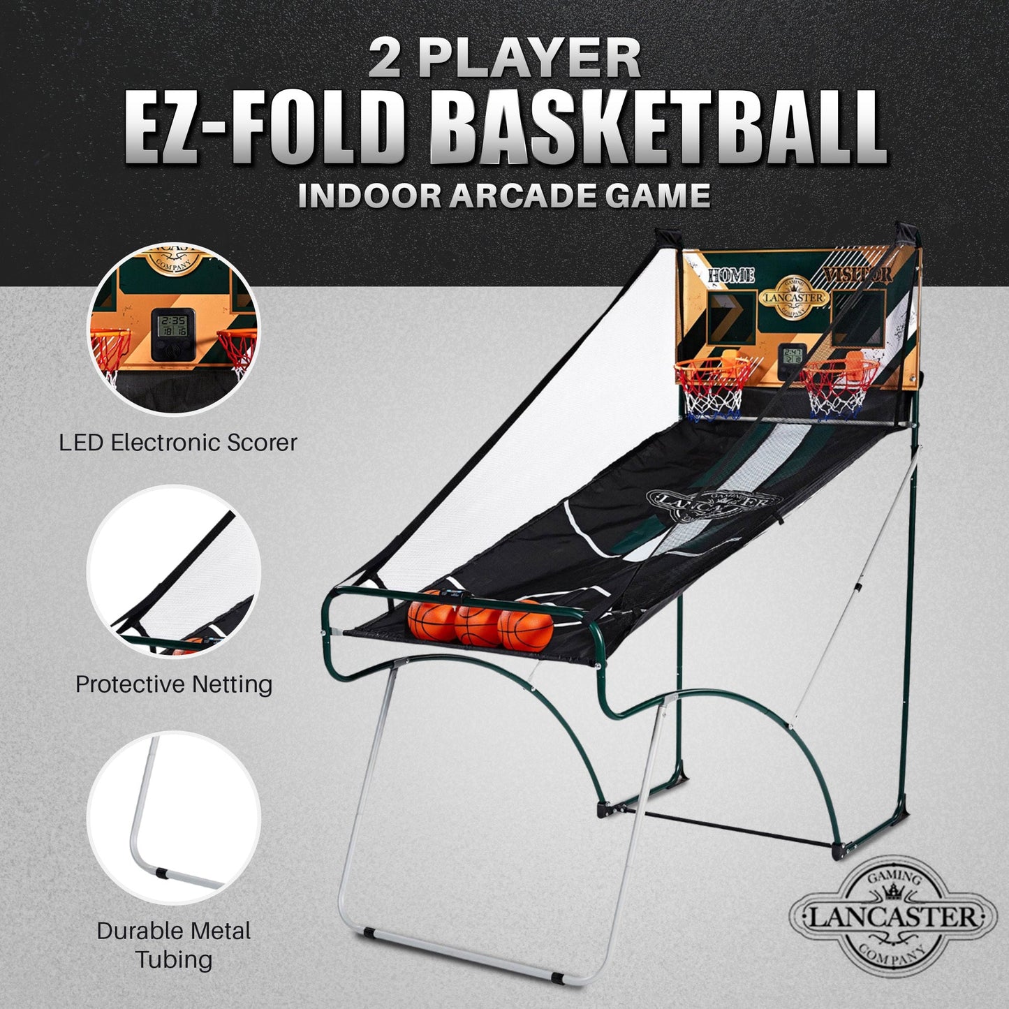 2 Player Indoor Basketball Arcade Game EZ Fold - Dual Hoop Shot Challenge with LED Scoring, 8 Game Modes, 3 Basketballs & Air Pump, Foldable Frame 60x25.5x63 Inch, Home Game Room Family Fun