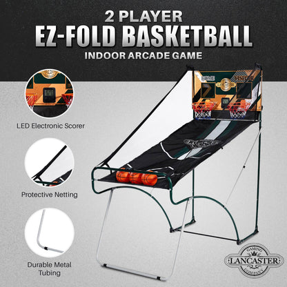 2 Player Indoor Basketball Arcade Game EZ Fold - Dual Hoop Shot Challenge with LED Scoring, 8 Game Modes, 3 Basketballs & Air Pump, Foldable Frame 60x25.5x63 Inch, Home Game Room Family Fun