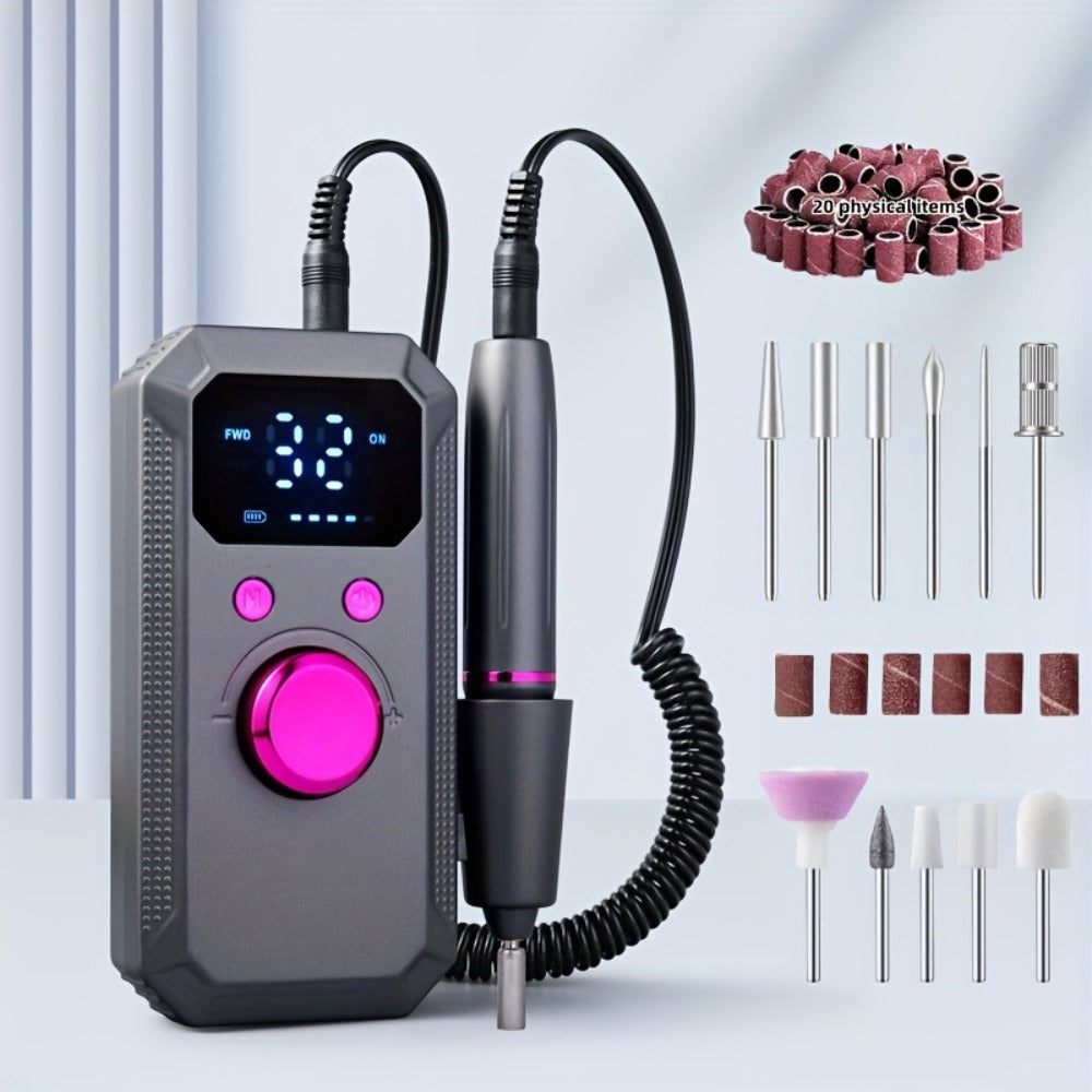 Electric Nail Drill Rechargeable 11 Grinding Heads & 20 Sanding Rings High-Speed Nail Grinder Machine for Acrylic Gel Natural Nails - Home Salon Manicure Pedicure Tool, Grey Rose Gold White
