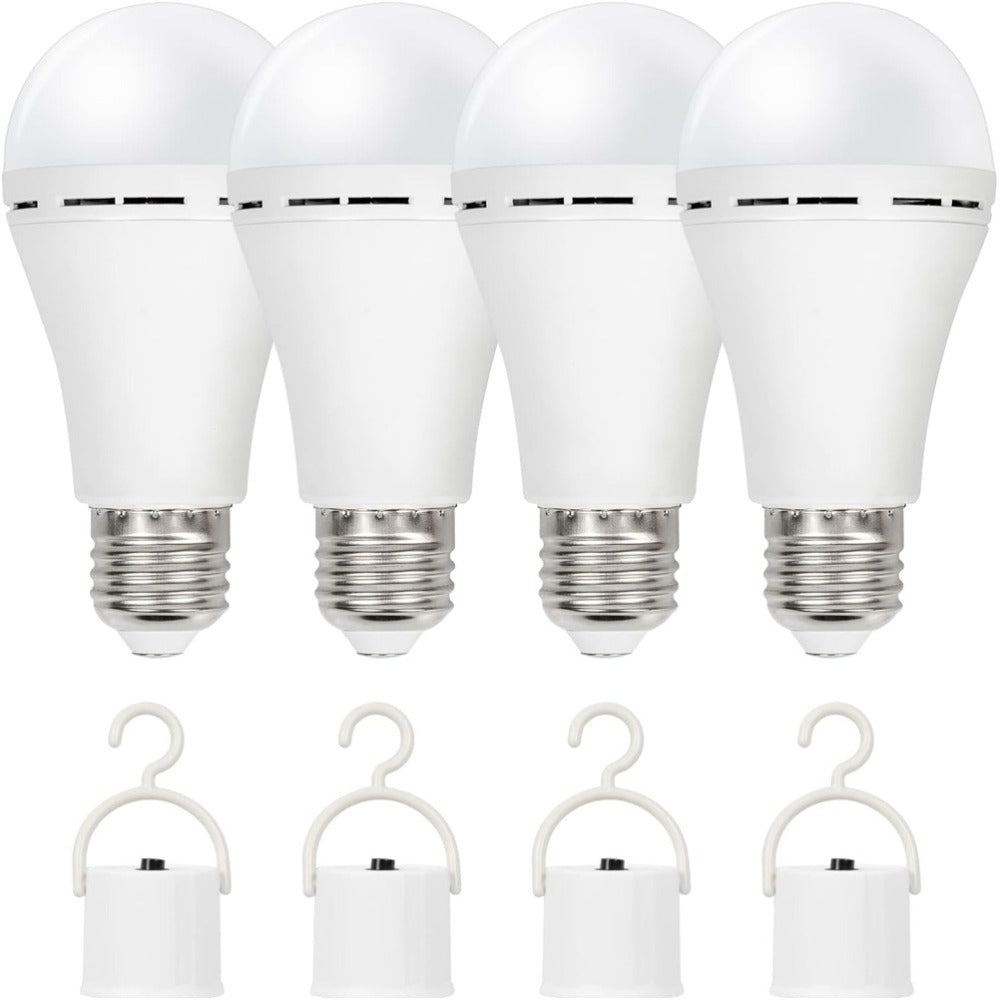 Rechargeable Emergency LED Light Bulb 12W 6500K 2000mAh with Polished Metal Finish – Spherical Design Half-Flip Installation Backup Battery Bulb for Camping Hiking Indoor Outdoor Power Outage, 4 Pack