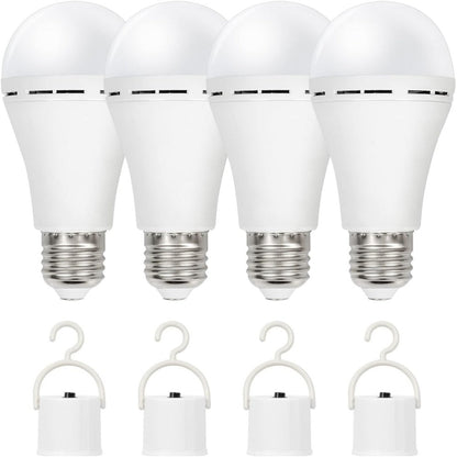 Rechargeable Emergency LED Light Bulb 12W 6500K 2000mAh with Polished Metal Finish – Spherical Design Half-Flip Installation Backup Battery Bulb for Camping Hiking Indoor Outdoor Power Outage, 4 Pack