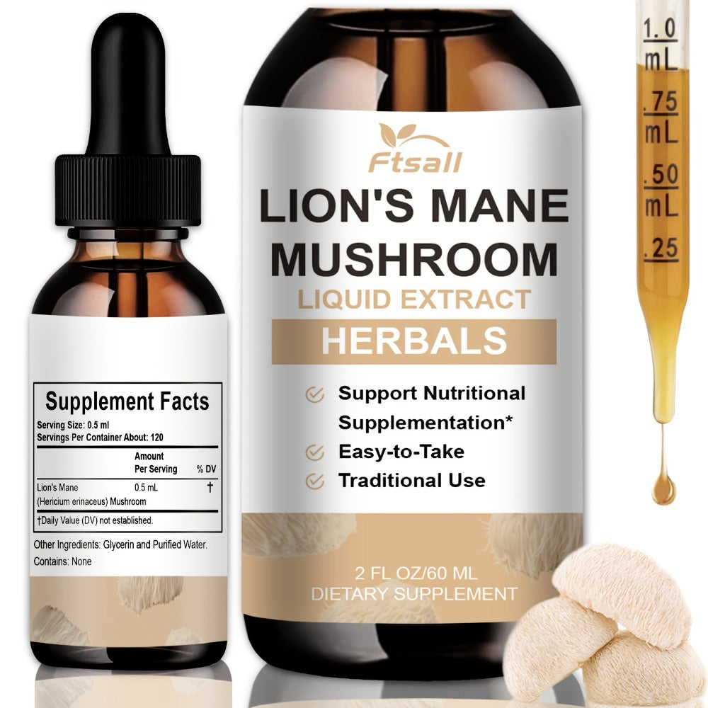 Lion's Mane Mushroom Liquid Drops 2fl oz Natural Herbal Extract for Brain Support, Focus, Memory & Cognitive Clarity for Men & Women