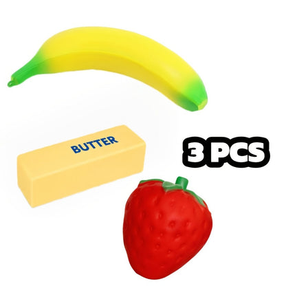 Squishy Food Toy Set 3pcs Slow Rising PU – Pretend Play Simulation Food Butter Banana Strawberry | Sensory Squeeze Stress Relief Toy, Classroom Decoration, Christmas Gift for Kids & Adults