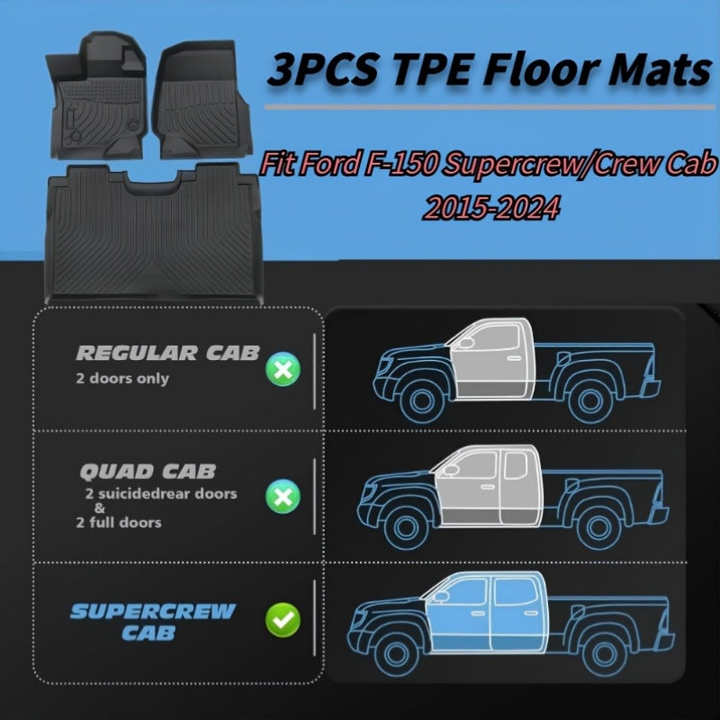 3pcs Heavy Duty TPE Floor Mats for Ford F-150 Supercrew Cab 2015-2024, All-Weather Black Car Liners, Waterproof Non-Slip Auto Additions
