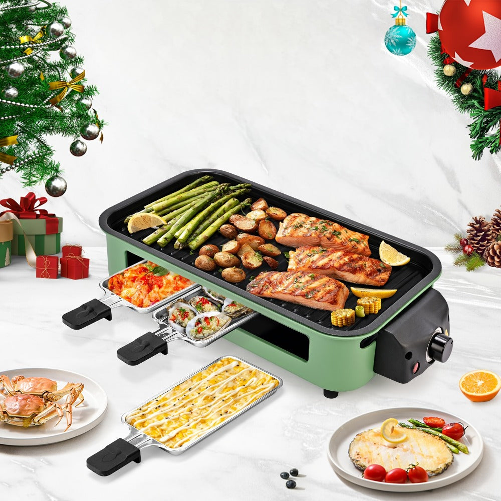Indoor Electric Smokeless Grill 1500W – Raclette Table Grill with 3 Mini Pans, 16x9" Non-Stick Detachable Plate, Dishwasher Safe, Portable for Home Kitchen
