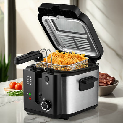 Deep Fryer with Basket 1500W | Adjustable Temperature, Removable Lid & Non-Stick Interior Pot, Viewing Window, Dishwasher-Safe Basket for Home Electric Frying – 1.5L & 2.5L Options, Black