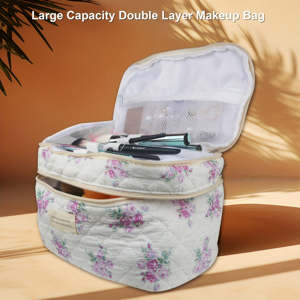 Makeup Bag Set 3 PCS Quilted Cotton Dual Layer Large Capacity Floral Coquette Aesthetic Travel Cosmetic Bag Women Toiletry Organizer Cute Soft Fabric Pouch Blue Pink Purple 6 Styles