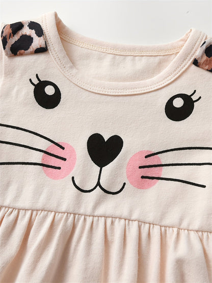 Baby Girl Two-Piece Outfit Set - Cat Print Ruffle Everyday Matching Look 41413