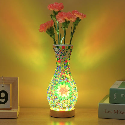 Mosaic Vase Lamp Turkish Moroccan Handmade Colorful Glass Table Lamp with Wooden Base – USB Plug-In Boho Night Light, Flower Vase Lamp for Bedroom Living Room Decor, Bohemian Mosaic Desk Lamp Gift