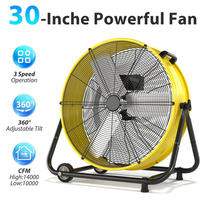 Industrial Drum Fan 24 & 30 Inch | High Velocity Floor Fan 9460-14000 CFM, 3-Speed Air Circulator with 180° Tilt for Warehouse, Garage, Workshop, Job Site & Large Space Cooling – Multiple Colors
