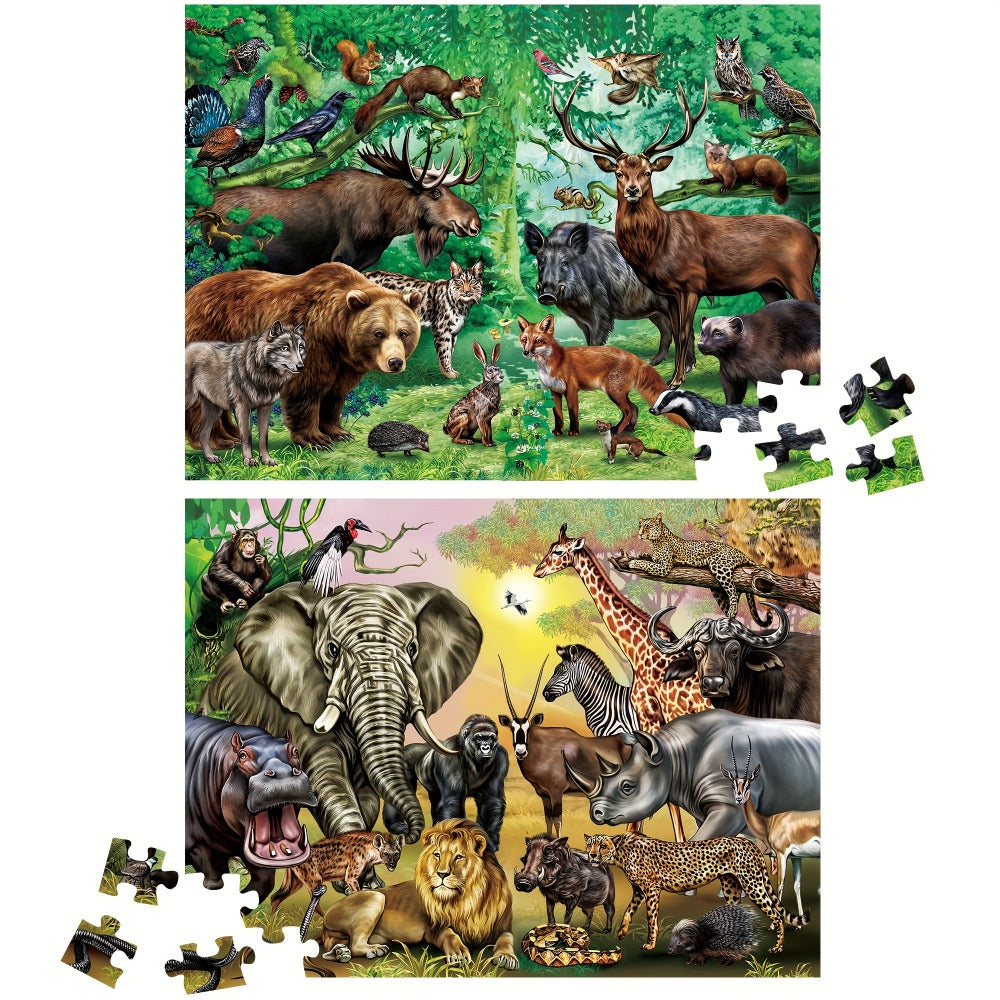 Double Sided Puzzle for Kids 100 Pieces Jungle Animals – 2-in-1 Jigsaw Educational Toy for Boys & Girls Ages 3 4 5 6 7 8, Fun Learning Activity, Birthday Christmas Thanksgiving Easter Gift