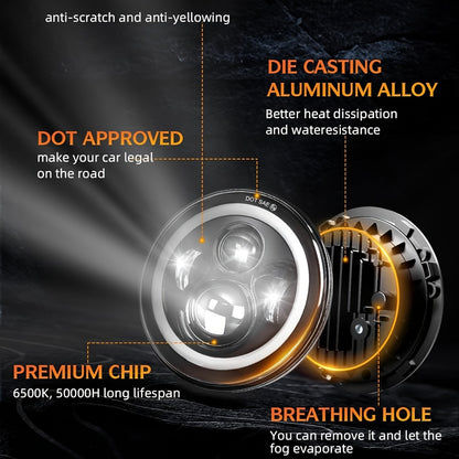 2pcs 7 Inch Round LED Headlight with Clourful Drl And Amber/Blue/Green/Red/Pink Turn Signal, High/low Beam Approved for JEEP for Wrangler JK TJ CJ