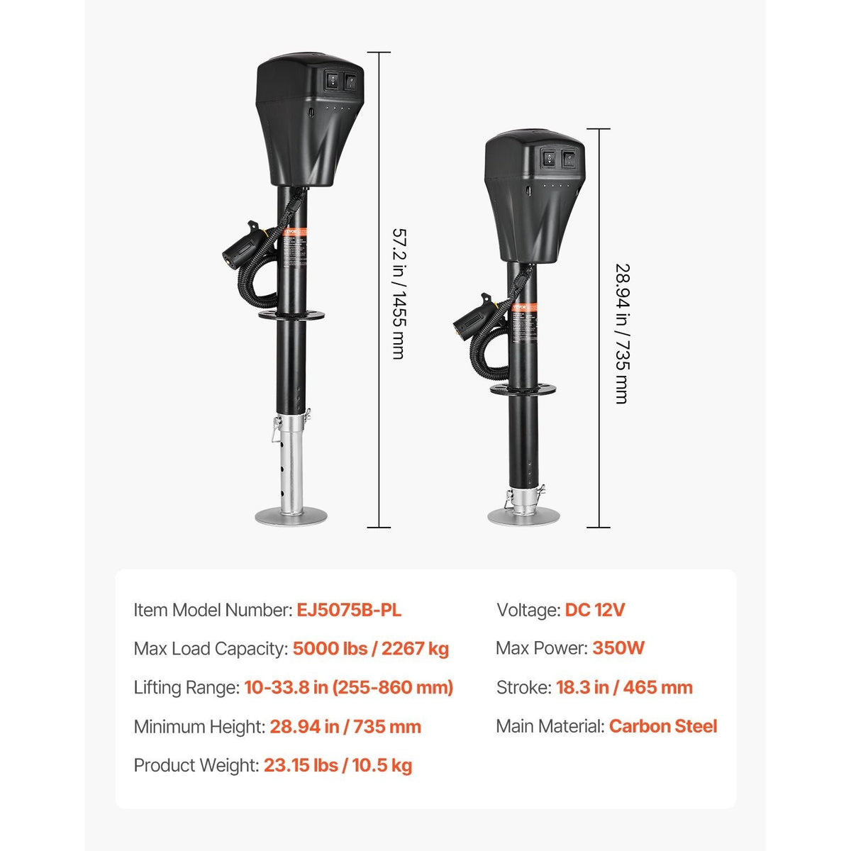 VEVOR Electric Trailer Jack 5000 lbs Power Tongue Jack for RV Trailer & Camper Black With a 7-pin Trailer Connector