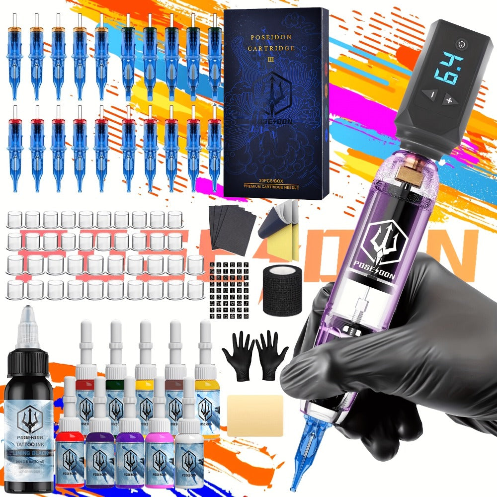 Tattoo Machine Kit Complete Set for Beginners & Artists - Cordless Tattoo Gun 1500mAh Battery 20 Needles 11 Inks LCD Screen Practice Skin Supplies