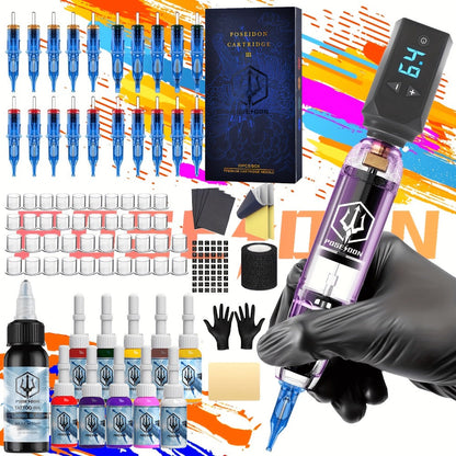 Tattoo Machine Kit Complete Set for Beginners & Artists - Cordless Tattoo Gun 1500mAh Battery 20 Needles 11 Inks LCD Screen Practice Skin Supplies