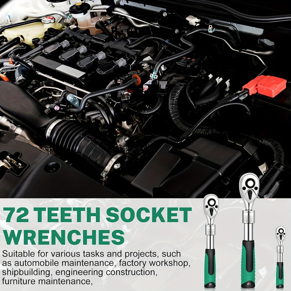 Ratchet Wrench Set 3-Piece - 1/4 3/8 1/2 Inch Drive Extendable Socket Wrench, 72-Tooth Quick-Release Reversible Gear, Soft Grip Handle, Torque Spanner for Automotive Repair, Mechanics & DIY