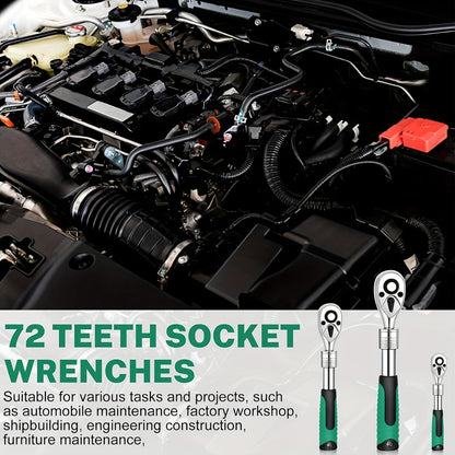 Ratchet Wrench Set 3-Piece - 1/4 3/8 1/2 Inch Drive Extendable Socket Wrench, 72-Tooth Quick-Release Reversible Gear, Soft Grip Handle, Torque Spanner for Automotive Repair, Mechanics & DIY
