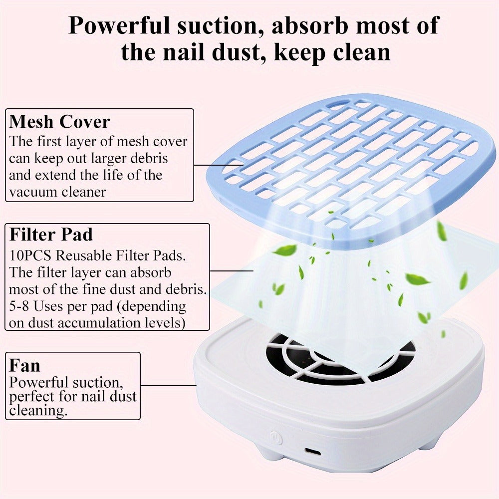 Nail Dust Collector Desktop USB Electric Nail Vacuum Fan Powerful Suction Powder Removal Machine with Filter for Manicure Nail Drill Salon Home Use White Pink Blue Purple