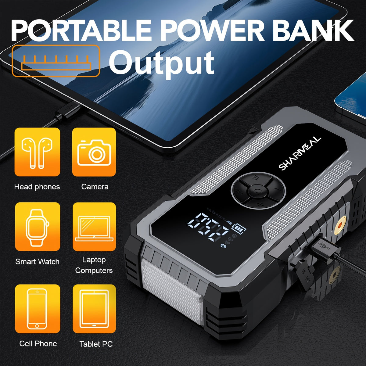 SHARMEAL12000/18000A 12-IN-1 Jump Starter with Air Compressor, Portable Car Battery Booster(8.0 Gas/2.38gal Diesel) with 150PSI Tire Inflator, 12V Supersafe Lithium Jump Box Car Battery Jumper Starte Car Owners, Truck Drivers
