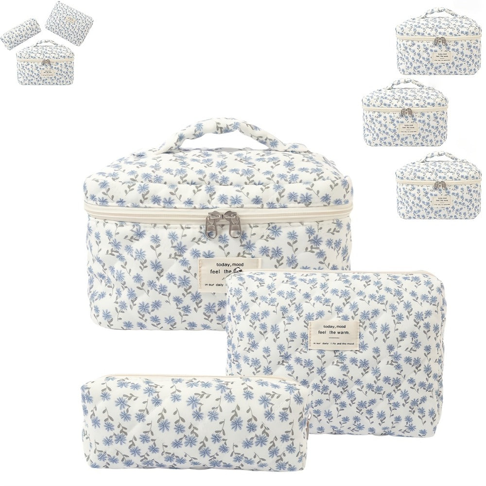Quilted Makeup Bag Set 3 Pcs Floral Pattern Large Capacity Travel Cosmetic Organizer with Gold Zipper — Polyester Skincare Toiletry Pouch Blue Pink Peacock for Women