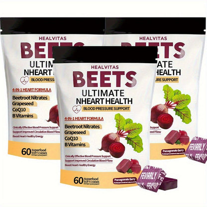 Beetroot Gummies with CoQ10 & Multi-Vitamins — 4-in-1 Heart Health & Blood Pressure Support Supplement | Pomegranate Flavor Chewable Gummies for Cardiovascular Wellness, Circulation & Energy | 60 Gummies 30-Day Supply | 1 or 3 Pack