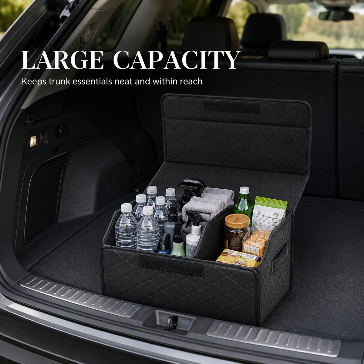 Faux Leather Car Trunk Organizer with Lid, Keep Your Trunk Tidy, Foldable Large Capacity Cargo Storage Box for Groceries, Tools, Sports Gear, Travel Essentials, Suvs, Sedans, And Trucks
