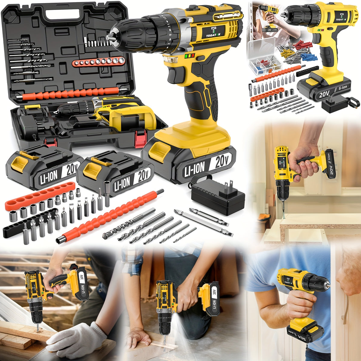 20V Cordless Drill Set, Impact Power Drill with 3/8 Inch Keyless Chuck, 18+3 Clutch Electric Drill with Work Light, Max Torque 45Nm, 2-Variable Speed And 2.0AH Batteries And Fast Charger