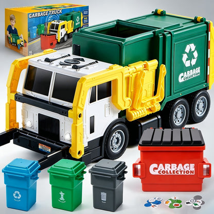 Garbage Truck Toy Set 16-Inch Large Friction-Powered with Lights & Sounds, Color-Coded Trash Bins, Garbage Sorting Learning Cards – Educational Gift for Boys & Girls Ages 3+