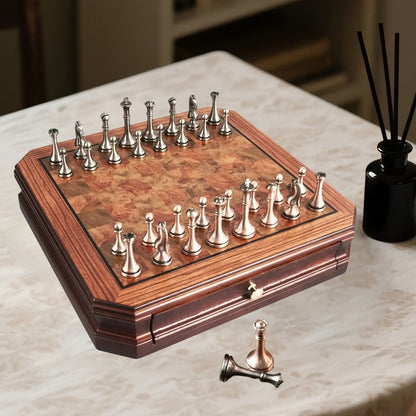 Wooden Chess Set with Metal Pieces & Storage Drawers 12 Inch – 2.5" Kings 2 Extra Queens Vintage Mahogany Board for Adults Beginners, Premium Strategy Game Gift