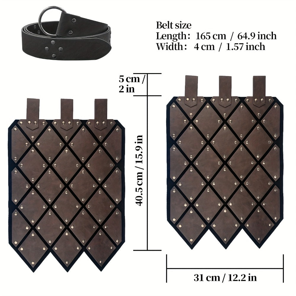 Medieval Armor Skirt Faux Leather with Geometric Plates & Metal Studs – Viking BC Style Retro Cosplay Costume for Halloween, Renaissance Faire, LARP & Festivals, Khaki Dark Brown Black, Gift for Men Women
