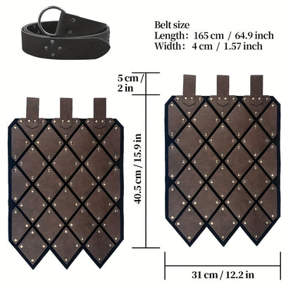 Medieval Armor Skirt Faux Leather with Geometric Plates & Metal Studs – Viking BC Style Retro Cosplay Costume for Halloween, Renaissance Faire, LARP & Festivals, Khaki Dark Brown Black, Gift for Men Women