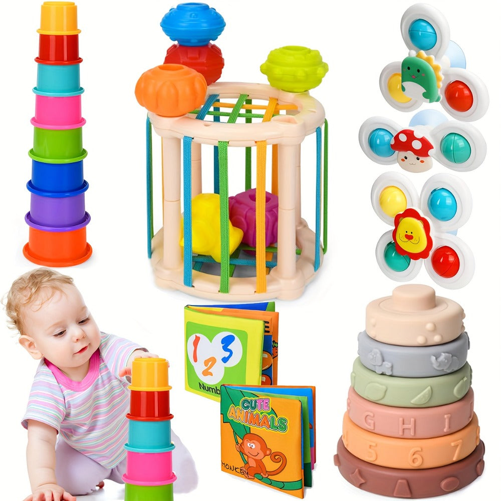 Sensory Stacking Toy Set 3-in-1 for Toddlers & Babies – Hand-Eye Coordination & Fine Motor Skills Activity Kit with Soft Cloth Book, Spinning Top & Stacking Cups, Birthday Easter Baby Shower Gift