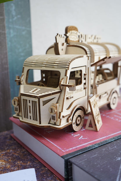 Basswood Food Truck 3D Puzzle Model Kit – DIY Building Toy for Kids & Adults, Yellow Miniature Snap-Fit Craft, Creative Birthday Halloween Christmas Gift for Boys Girls