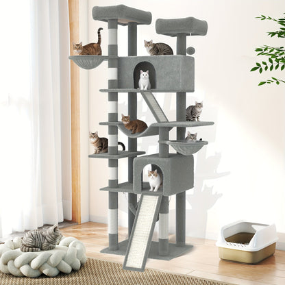 Large Multi-Level Cat Tree Tower – 68–81 Inch Tall Cat Condo with 2 Condos, 3 Plush Perches, Scratching Posts & Cat Hair Brush