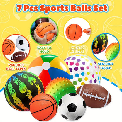 Kids Playground Ball Set 7-Pack with Air Pump – 10.6 Inch Outdoor Ball Plus 6-Inch Basketball Football Rugby, Active Play Toy for Home Yard Pool Classroom Park, Birthday Party Gift for Children Ages 4+