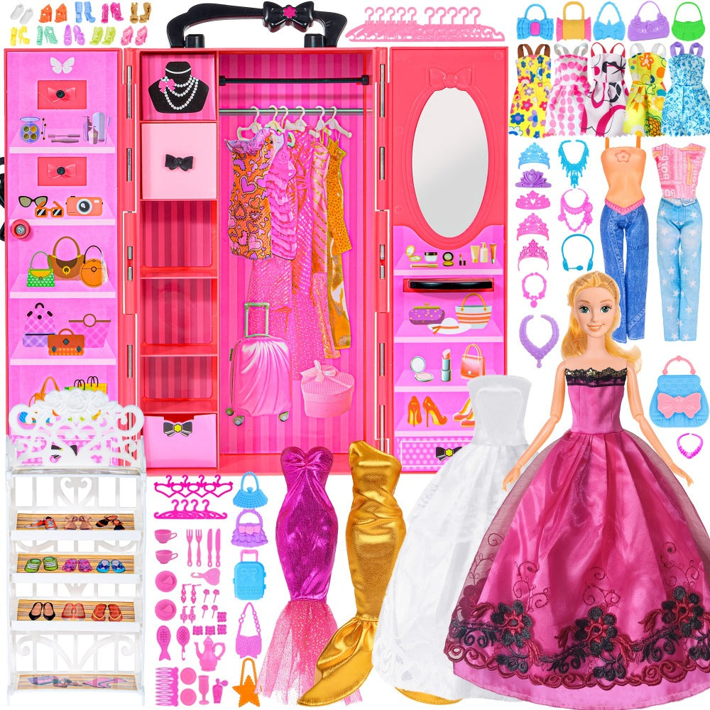 Fashion Doll Closet Wardrobe 139pcs Clothes Accessories Playset for 11.5 Inch Dolls – Princess Mermaid Dresses Shoes Hangers Handbags DIY Stickers Creative Gift for Girls Ages 3+ Birthday Christmas