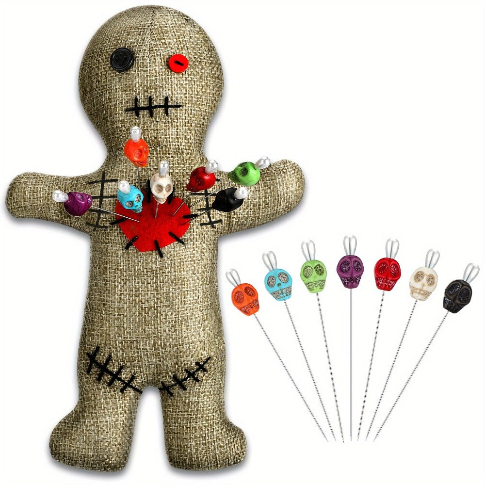 Voodoo Doll Set with 7 Skull Pins – 8-Piece Horror Ghost Doll Kit, Soft Revenge Stress Relief Creepy Doll Pin Holder for Adults (Flaxen)