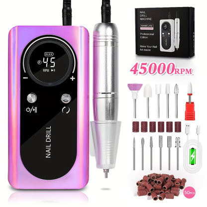 Low Noise Nail Drill Machine 45000RPM Rechargeable with LCD Display — Quiet Electric E-File for Gel Polish Acrylic Natural Nails, Professional Cordless Nail Sander for Home & Salon Manicure, White Purple Pink