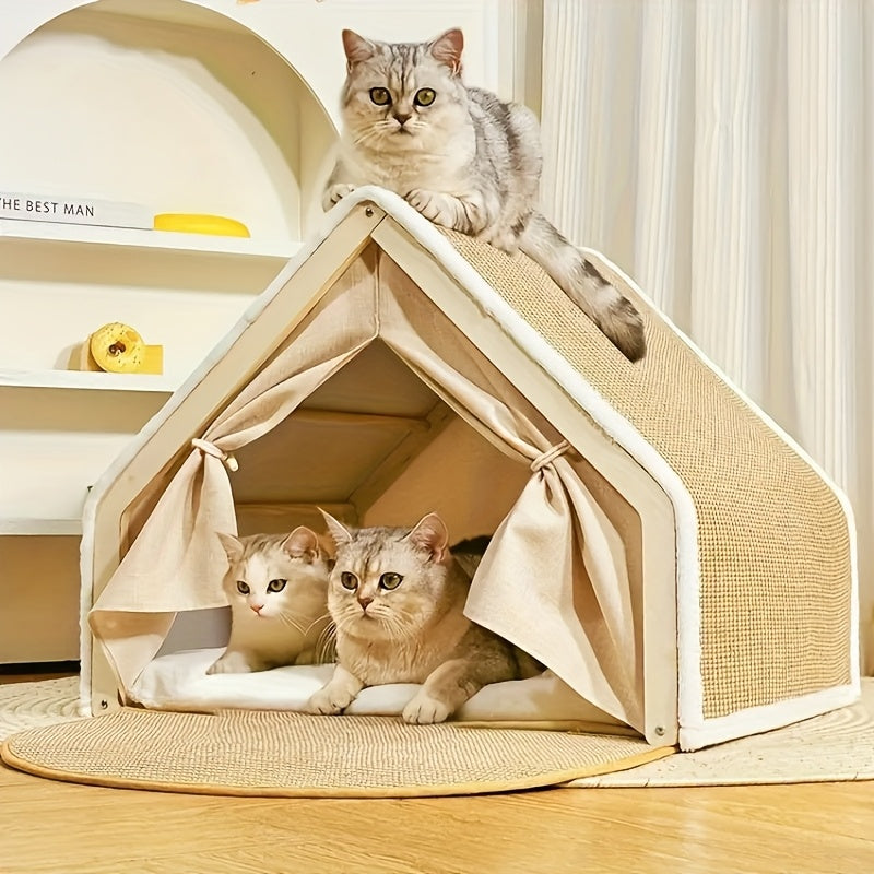 Cat House Semi-Enclosed Shell Design with Sisal Scratching Pad Tent Hideout for Small Medium Cats Indoor Living Room Bedroom Study XL