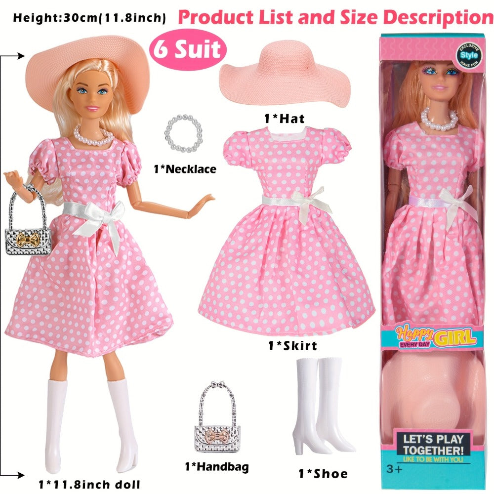 Fashion Doll Set 6 Pack 11.5 Inch Poseable Princess Dolls with Stylish Outfits Handbag Hat Crown Necklace Suitcase Individual Gift Box for Girls Kids Birthday Christmas