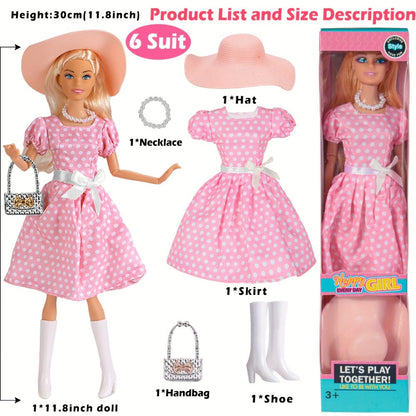 Fashion Doll Set 6 Pack 11.5 Inch Poseable Princess Dolls with Stylish Outfits Handbag Hat Crown Necklace Suitcase Individual Gift Box for Girls Kids Birthday Christmas